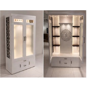 Modern White Teak Wood Temple Doors with Om Pooja <b>Mandir</b> Close Cabinet Customized Contemporary Indian Handmade Pooja Room <b>Mandir</b> - Product Image 1