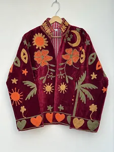 Bohemian Burgundy <b>Velvet</b> Suzani <b>Jacket</b> with Tropical Floral Embroidery Full Sleeve Stand Collar Women's Autumn Outerwear - Product Image 1