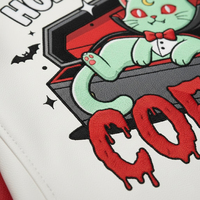 Jaket Bomber Gothic Pria Merah Putih dengan Desain Patch Cetak Kucing Vampir dan Kelelawar di Bagian Belakang, Gaya Streetwear Musim Gugur, Mantel Moto