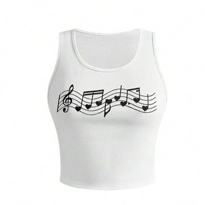 Camiseta sin mangas personalizada para mujer con estampado de notas musicales, top corto de algodón, chaleco informal de verano para fitness, venta al por mayor OEM - Product Image 1