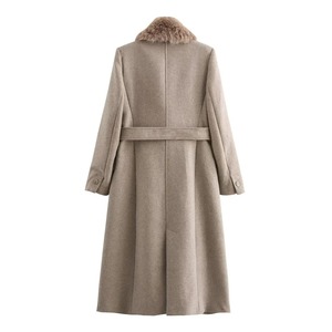 Women's <b>Wool</b> <b>Coat</b> <b>With</b> Faux Fur Collar Long Sleeve <b>Belted</b> Winter Outerwear Solid Color Elegant Design - Product Image 3
