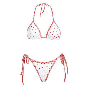 Top de bikini halter con estampado de puntos rojos para mujer, con detalle de cordones, traje de baño de poliéster elástico - Product Image 4