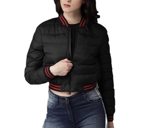Chaqueta Bomber Acolchada Negra para Mujer con Ribete Rojo, Cuello Alto, Cierre de Cremallera, Manga Larga, Corte Corto, para Otoño - Product Image 6