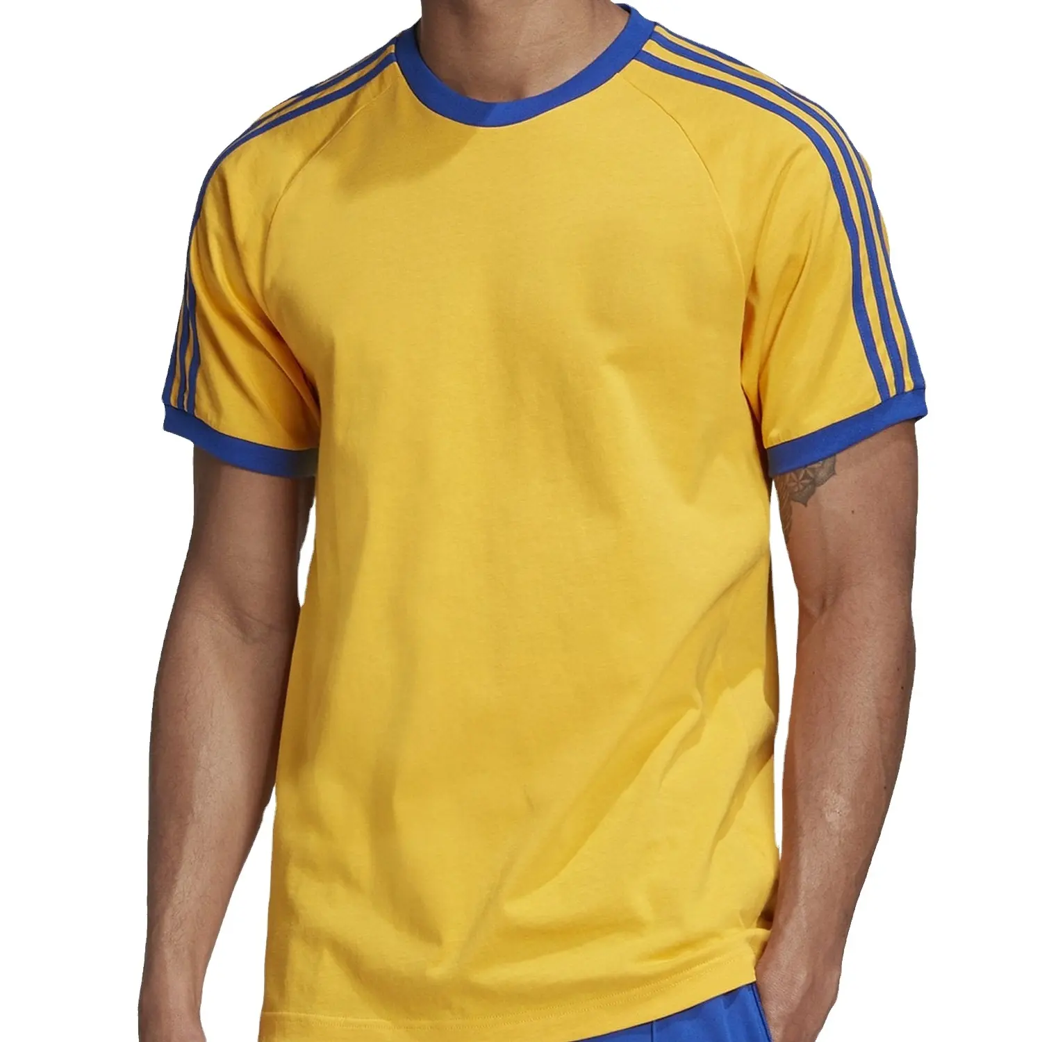 El mejor precio para hombres Camisetas de algodón Camisa amarilla con camisetas de tira azul Nuevo modelo Camisetas Ropa de hombre