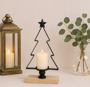 Antique Christmas Decoration Tea Light Candle Holder Premium Iron <b>Stand</b> With Wooden Base Featuring Christmas <b>Tree</b> Design Holder - Product Image 4