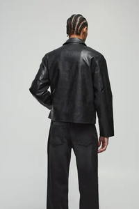 Factory Price Men Genuine Leather Waterproof Breathable Winter Bomber <b>Jacket</b> Black Slim Fit Zip-Up Turn-down Collar Ribbed Cuff - Product Image 3