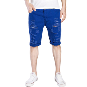 Shorts en jean déchiré bleu vintage pour homme, taille haute, décontracté, délavage clair, coupe large, en coton tissé, coupe-vent, style été - Product Image 1