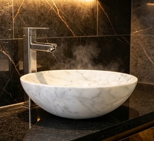 Lavabo Redondo de Mármol para Baño, Pulido, Blanco, de Montaje Sobre Encimera, Diseño Contemporáneo, con un Solo Orificio para Grifo - Product Image 1