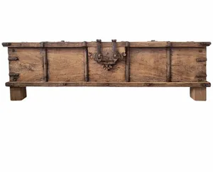 Vintage Heritage Old Wooden Large <b>Storage</b> Trunk <b>Chest</b> Box Coffee Table with Metal Fittings for Farmhouse Home Hotel Bedroom - Product Image 4
