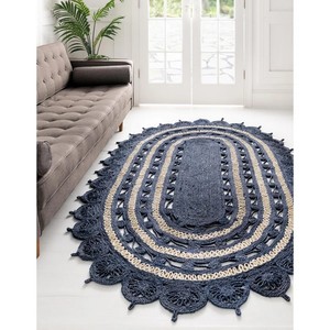 Tapis ovale en jute fait main, rayé, style bohème, tissage plat, pour salon, bleu marine et beige, à poils ras. - Product Image 1