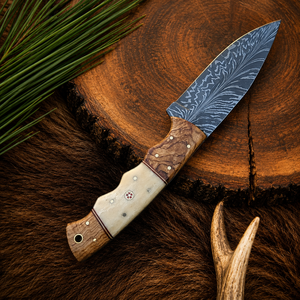 Custom Handmade Damascus Hunting <b>Knife</b> with Leather Sheath Olive Wood & <b>Bone</b> <b>Handle</b> Outdoor Camping Survival Bushcraft OEM ODM - Product Image 5