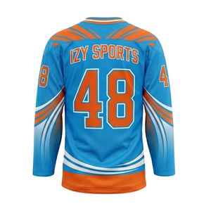 Camiseta de Hockey Sublimada de Poliéster con Bandas de Color Naranja Brillante y Azul Cielo, Uniforme de Equipo de Alto Rendimiento, Camiseta de Manga Larga - Product Image 3