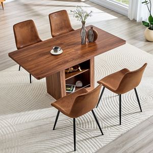 Set Tavolo da Pranzo Espandibile 59-71 Pollici con 4 Sedie, in MDF Noce e Tessuto Tecnologico Confortevole - Product Image 1