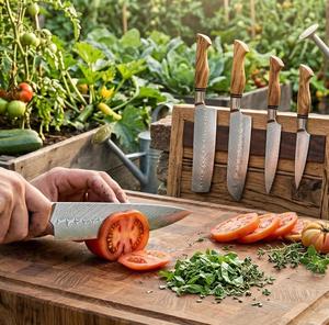Steel Craft International Hand Forged 5-Piece Damascus Steel Chef <b>Knife</b> <b>Set</b> Wooden Handles <b>Sharp</b> Blades Ambidextrous - Product Image 3
