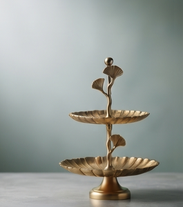 Modern Gold Metal 2 Tier Cake Stand Luxury Ginkgo Leaf Stem Dessert Display <b>Tray</b> Ball Finial Handle Cupcake Holder Party - Product Image 3