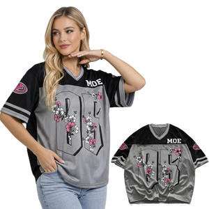 Camiseta de fútbol americano para mujer con estampado floral, malla, cuello en V oversize, estilo urbano, top de poliéster, producción de marca privada - Product Image 1