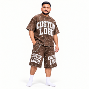 Custom Brown Rhinestone <b>Shorts</b> <b>and</b> <b>T</b> <b>Shirt</b> Set <b>Men</b> Oversized Boxy Streetwear Two Piece Distressed Raw Hem Private Label OEM - Product Image 5