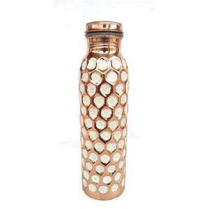 Bouteille d'eau en cuivre avec incrustation de nacre, motif hexagonal, gourde métallique réutilisable, bouteille décorative, cadeau - Product Image 1