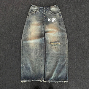 Street Wear Loose-fit Jeans Distressed Denim Jeans Hip-hop Retro Solid Pattern Embroidered Oversized Jeans Denim <b>Pants</b> for Men - Product Image 1