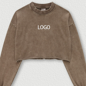 Sudadera Corta para Mujer, Estilo Desgastado, Color Marrón, Lavado Ácido, Oversize, de Algodón Grueso, Estilo Urbano, a la Moda - Product Image 1