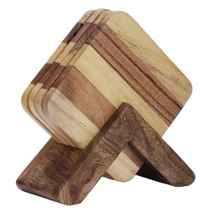 Handcrafted Wooden Square Acacia Solid Wood Coaster Set with Insulation Mat Drink Coasters and Holder - Product Image 1