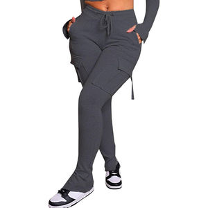 Pantalon cargo décontracté pour femme, taille haute, éco-responsable, respirant, coupe skinny élastique, avec cordon de serrage, poches cargo, devant plat, couleur unie, printemps - Product Image 3