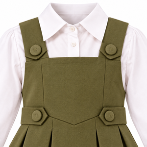 Robe d'uniforme scolaire vert olive pour filles, chemisier blanc à manches longues, jupe plissée, détail boutonné, élégante, pour l'école des enfants - Product Image 3