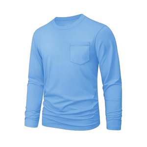 T-shirt en coton uni pour homme, décontracté, col rond, manches longues, nouveau t-shirt à manches longues pour homme avec poche - Product Image 6