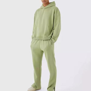 Ensemble sweat à capuche et jogging pour homme, couleur unie, polaire, coupe oversize, décontracté, pour l'automne, vert clair, deux pièces - Product Image 5