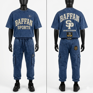 Ensemble t-shirt et pantalon cargo en coton premium 180 GSM, style denim bleu, impression sérigraphique, logo personnalisé, streetwear, 2 pièces, homme - Product Image 6