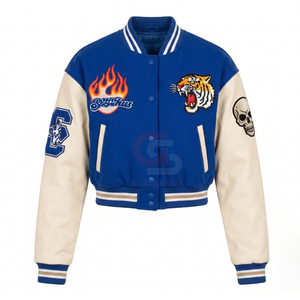 Chaquetas de béisbol casuales de cuero y lana para mujer, estilo universitario, con mangas de cuero, chaquetas cortas para mujer - Product Image 1