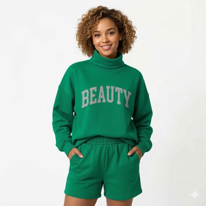 Ensemble haut à col roulé et short pour femme, taille ajustable, 100% polaire respirant en polyester - Product Image 1