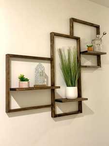 Dark Wood Interlocking Cube <b>Wall</b> Shelf <b>Unit</b> Modern Geometric <b>Floating</b> Shelf Adjustable Flower Pot Rack <b>Wall</b> Bookshelf - Product Image 4