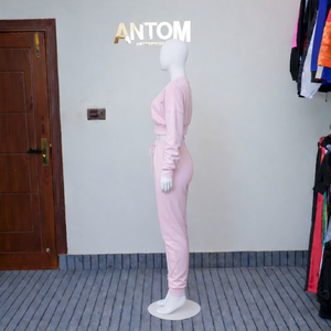 Custom OEM Women Pink Two Piece Tracksuit Set <b>Crop</b> <b>Top</b> Long Sleeve Sweatshirt High Waist Jogger Sweatpants Wholesale Tracksuit - Product Image 2