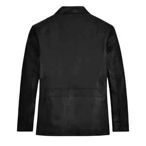 Veste en cuir véritable noire pour homme, col rabattu, coupe ajustée, style décontracté - Product Image 2
