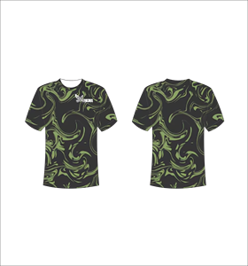 Camiseta Deportiva Ligera de Manga Corta Sublimada Personalizada con Estampado Abstracto de Remolinos Líquidos en Gris Oscuro y Verde Oliva - Product Image 1
