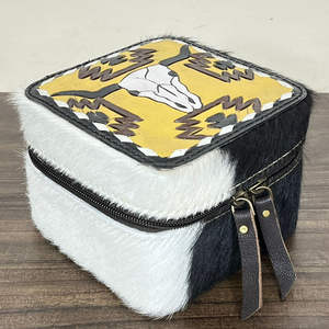 Boîte à bijoux portable artisanale pour femme, mignonne, mini, en cuir de vachette véritable, avec motif de taureau, fermeture éclair, étui de rangement pour bijoux - Product Image 4