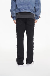 Jean en denim pour homme de haute qualité en coton, marque américaine Highstreet, confortable, taille mi-haute, coupe évasée, avec pompons et perles, délavage noir - Product Image 2