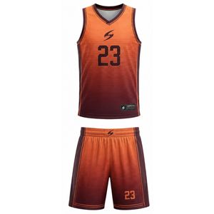 Conjunto de Uniforme de Baloncesto Sublimado Personalizado, Unisex para Adultos, Cuello en V, Sin Mangas, Absorbe la Humedad, Color Degradado 23 Naranja Marrón - Product Image 1