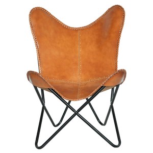 Fauteuil papillon en cuir tanné de qualité supérieure avec structure en métal noir, fauteuil de salle à manger moderne fait main pour salon et bureau - Product Image 3