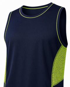 Débardeur Homme Tendance Bleu Marine avec Panneau en Maille Vert Néon Col Rond Sportif Tricoté 100% Polyester Respirant Écologique Séchage Rapide - Product Image 4