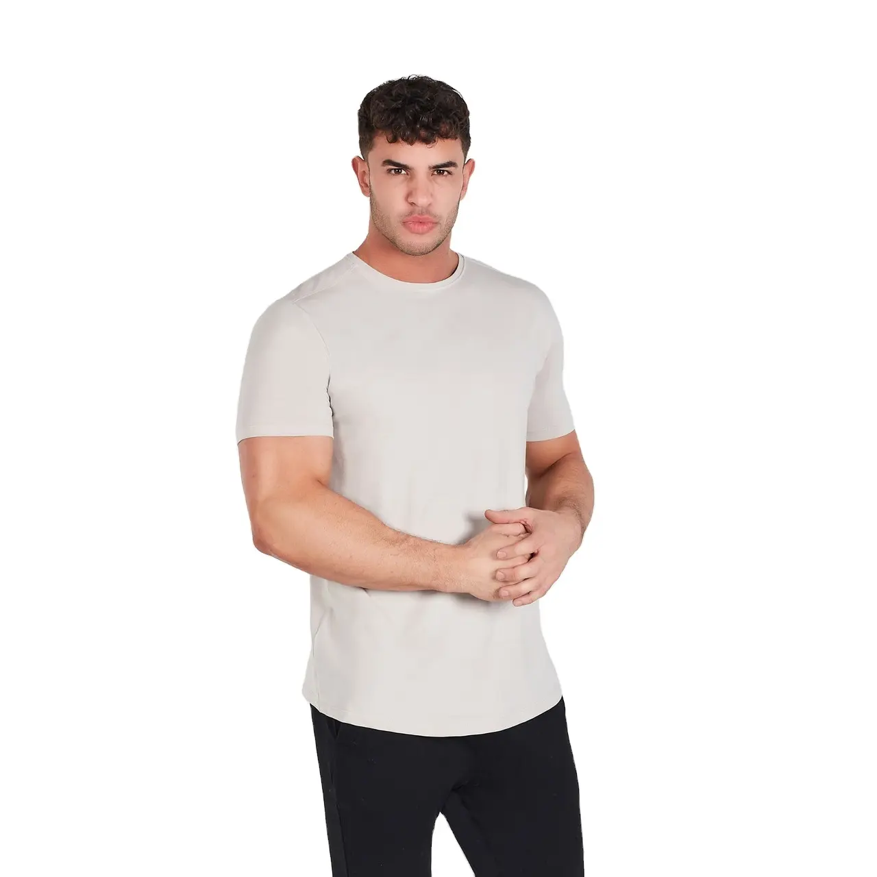 Wholesale Men's Custom Short Sleeves Plain Tshirt Quick Dry Anti-WrinklePrinted Design Longline Curved Hem T Shirt