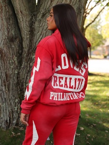 Conjunto Deportivo Rojo con Capucha para Mujer, Cierre Completo, Talla Grande, Pantalones Deportivos Casuales de Algodón con Estampado de Letras y Bolsillos Delanteros, Ropa de Otoño 2026 - Product Image 3