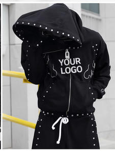 Conjunto de chándal de dos piezas para hombre, personalizado, negro, con pedrería, transpirable, informal, de invierno, con sudadera con capucha de cremallera completa y pantalones de chándal de pierna ancha - Product Image 2