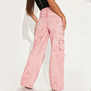 High Quality Plain Dyed Breathable Quick Dry Women Casual Street Wear Pockets Wide Leg Cargo Pants High Waist Eco-Friendly 100% - Product Image 2