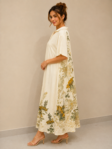 ชุดเดรสยาวลายดอกไม้สีเบจคุณภาพสูง คอปกเสื้อแบบพับได้ แขนสั้น ชุดคุर्ติยาว ชุดนอนลำลอง ชุดลำลองฤดูร้อนสำหรับผู้หญิง - Product Image 2