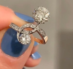 Moissanite <b>Two</b> <b>Stone</b> Round Cut Moissanite Unique Engagement <b>Ring</b> Original 925 Silver Fine Floral Style Anniversary Gift For Her - Product Image 1