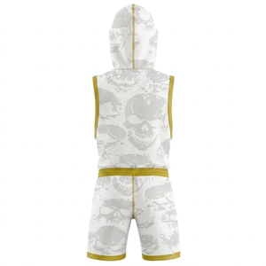 Unisex Hooded Sleeveless Vest Set Skull Print <b>White</b> Yellow Trim Breathable Polyester All Seasons Adult Sport Wear - Product Image 2