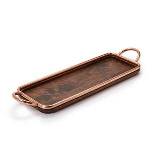 Plateau de service rectangulaire élégant en bois de noyer foncé et cuivre avec poignées métalliques pour la décoration de la maison, la cuisine, le bar et la salle à manger - Meilleur prix - Product Image 1