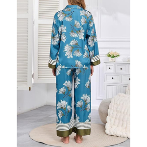 2 Piece Satin Pajama Set Long Sleeve Notch Collar Button Front <b>Pants</b> Side Pockets - Product Image 3